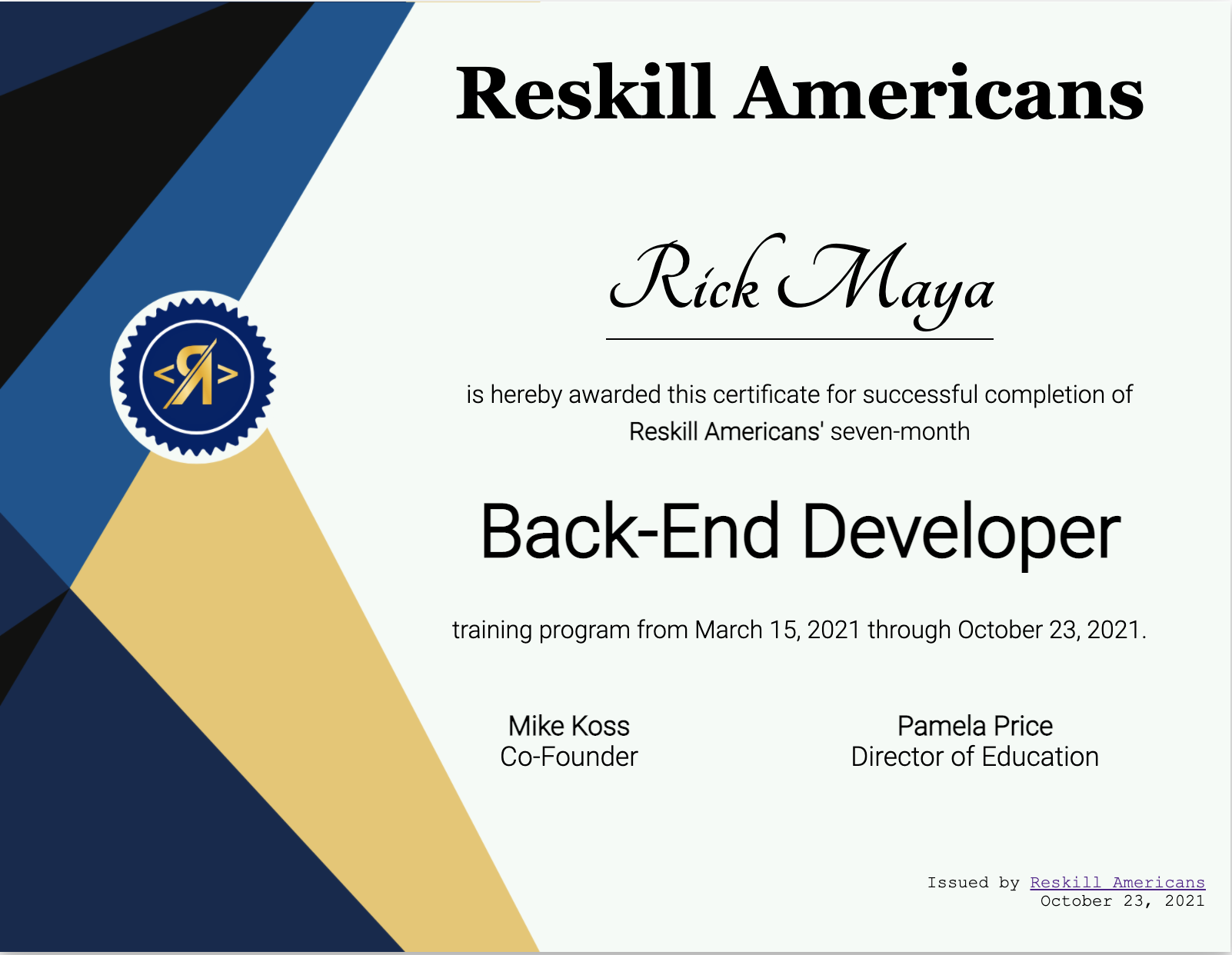 completion certificate for RA training program
